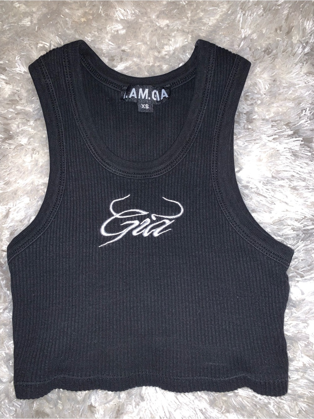 I.AM.GIA Black Ribbed Crop Tank with White Script Logo
